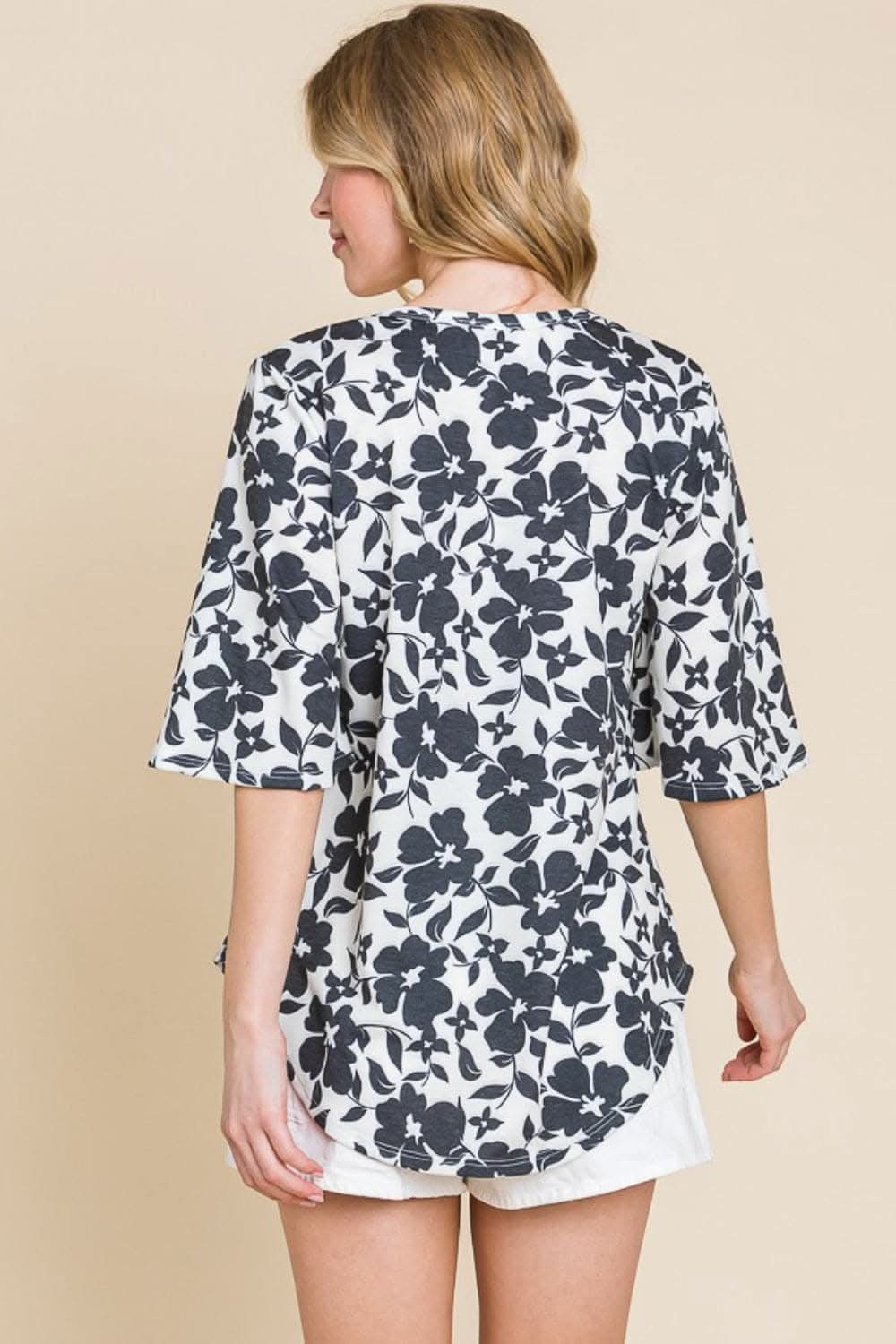 BOMBOM Floral Decorative Button V-Neck Top - Love Salve